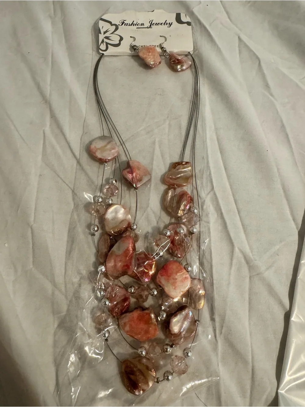 Fashion Jewelry Pink Shell Multi-Strand Statement Necklace & Earrings